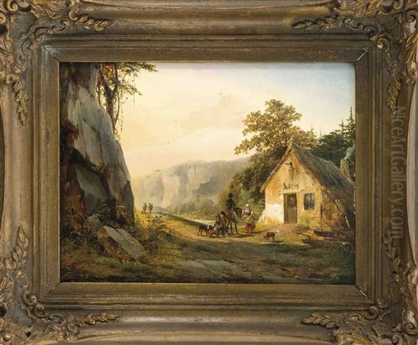 Rastender Jager In Einer Bergigen Landschaft Mit Pittoresker Kleiner Wassermuhle - view 1