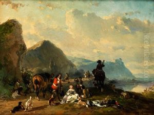 Rastende Jagdgesellschaft In Landschaft Mit Bergen Und See by Joseph Jodocus Moerenhout