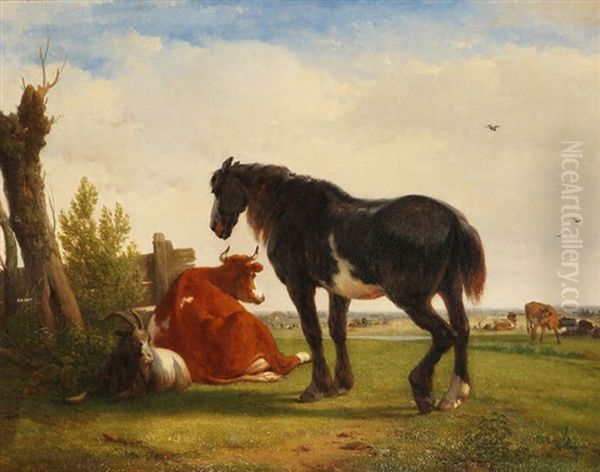 Vaches, Cheval Et Chevre Dans La Prairie - view 1