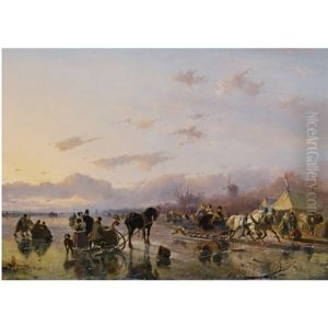 A Winterscene With Skaters And Horse Drawn Sleighs