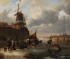 Zugefrorener Hollandischer Kanal Vor Den Toren Einer Grosen Stadt by Joseph Jodocus Moerenhout