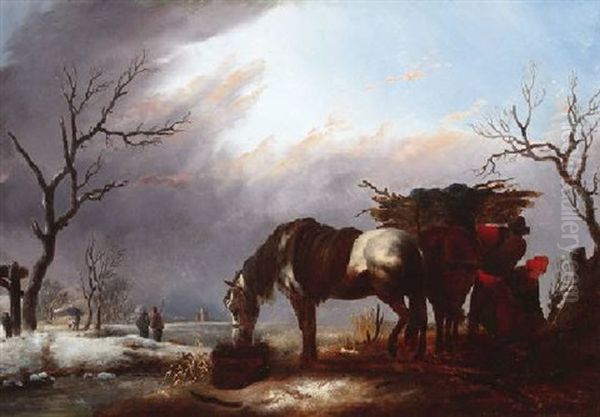 Reisigsammler Mit Ihren Pferden In Verschneiter Winterlandschaft - view 1