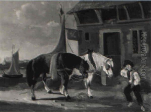 Horses Feeding Outside A Stable Off The Shore - view 1