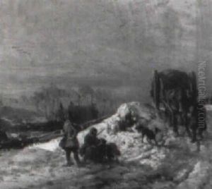 Jagers En Een Paard-en-wagen In Een Besneeuwd Landschap