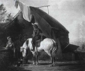 Ein Reiter In Der Tracht Des 17. Jahrhunderts Hat Vor Dem Zelt Eienr Marketenderin Eine Rast Eingelegt Ein Reiter In Der Tracht Des 17. Jahrhunderts Hat Vor Dem Zelt Eienr Marketenderin Eine Rast Eingelegt