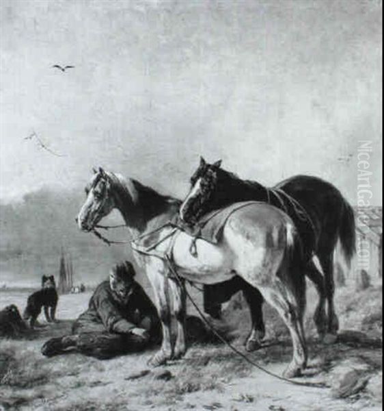 Fisherman With Horses In The Dunes - view 1