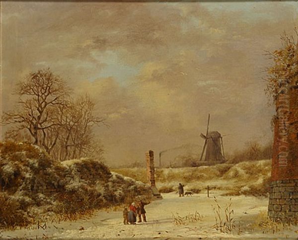 Winterlandschap Met Molen En Personages - view 1