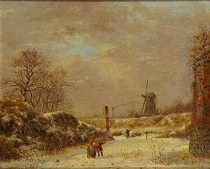 Winterlandschap Met Molen En Personages by Albert Eduard Moerman