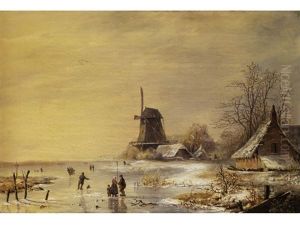Niederlandische Winterlandschaft Mit Vereistem Poldersee, Windmuhle Und Verschneiten Hausern by Albert Eduard Moerman