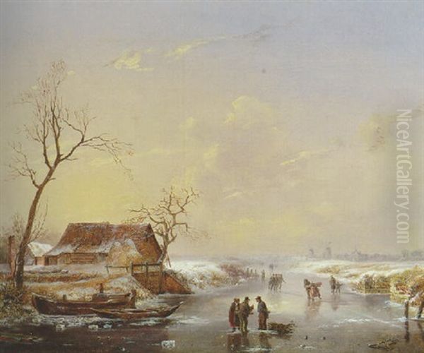 A Winter Landscape With Figures On A Frozen River - view 1