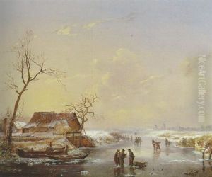 A Winter Landscape With Figures On A Frozen River