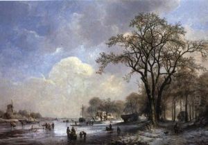Winter Landscape With Figures On Frozen River by Albert Eduard Moerman