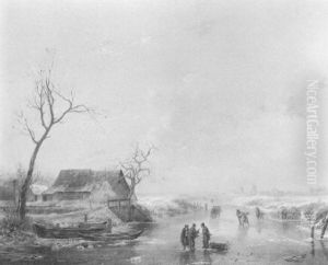 A Winter Landscape With Skaters Conversing On A Frozen River, Windmills In The Distance by Albert Eduard Moerman