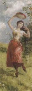 Ausgelassene Tanzerin Mit Tambourin In Fruhlingshafter Landschaft by Hermann Moest