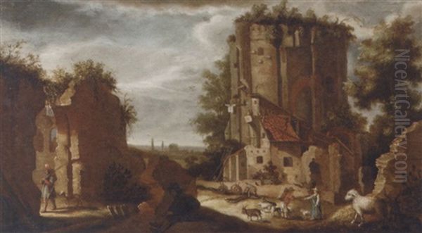 An Italianate Landscape With Drovers And Their Cattle Near A Ruin - view 1
