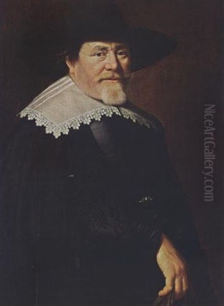 A Portrait Of A Bearded Gentleman Wearing A Black Suit, A Black Hat And A White Lace Collar, Holding Gloves In His Right Hand - view 1