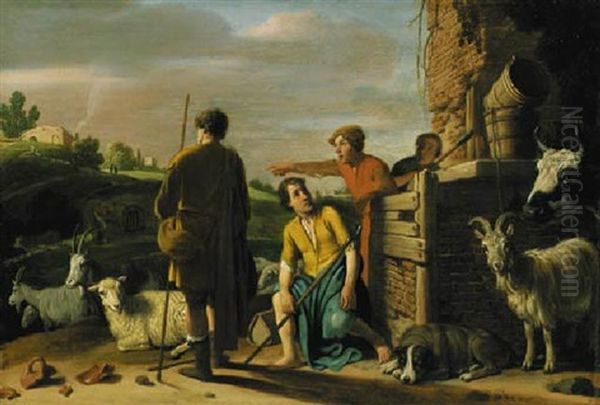 Shepherds With Their Flock By A Well, Cottages Beyond - view 1