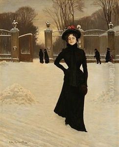 Winter Street Scene Wtih An Elegant Lady In Front Of Frederiksberg Garden, Denmark by Ludvig Mogelgaard