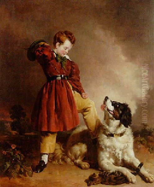 A Boy Standing In A Landscape With A Dog And Kitten - view 1