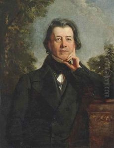 Portrait Of Malcolm Lewin Esq., Standing Full Half-length, Leaning On A Balustrade In A Black Coat