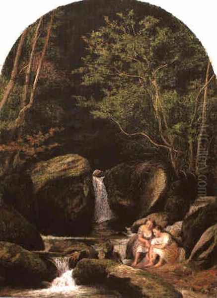 Waldlandschaft Mit Zwei Ruhenden Madchen An Einer Quelle - view 1