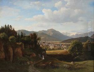 View Of A Town In Southern Germany, In The Foreground People Taking A Walk