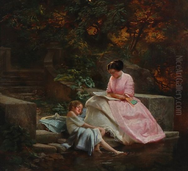 A Woman And Child On A Staircase - view 1