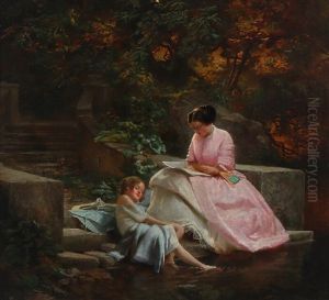 A Woman And Child On A Staircase