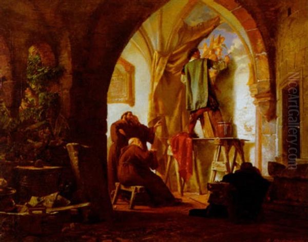 Klosterinterior Med Munke, Der Betragter En Kunstner I Faerd Med At Udfore Et Vaegmaleri - view 1