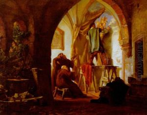 Klosterinterior Med Munke, Der Betragter En Kunstner I Faerd Med At Udfore Et Vaegmaleri Klosterinterior Med Munke, Der Betragter En Kunstner I Faerd Med At Udfore Et Vaegmaleri