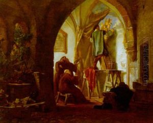 Klosterinterior Med Munke, Der Betragter Kunstmalers Arbejde Med Et Vaegmaleri Klosterinterior Med Munke, Der Betragter Kunstmalers Arbejde Med Et Vaegmaleri