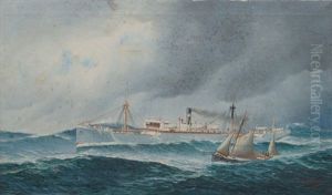 Portrait Of The Steamship Helene Menzell With A Pilot Boat by John Henry Mohrmann