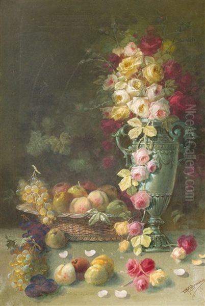 Stillleben Mit Rosenstraus Und Fruchten - view 1