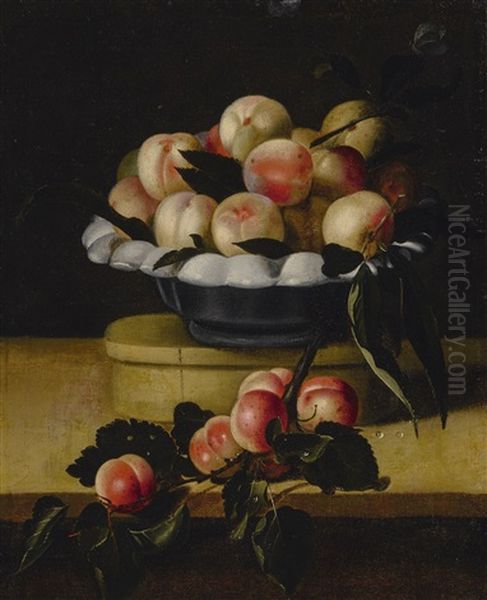 Still Life Of A Peaches In A Bowl Standing On A Wooden Box On A Ledge, An Apricot Branch Resting In The Foreground - view 1