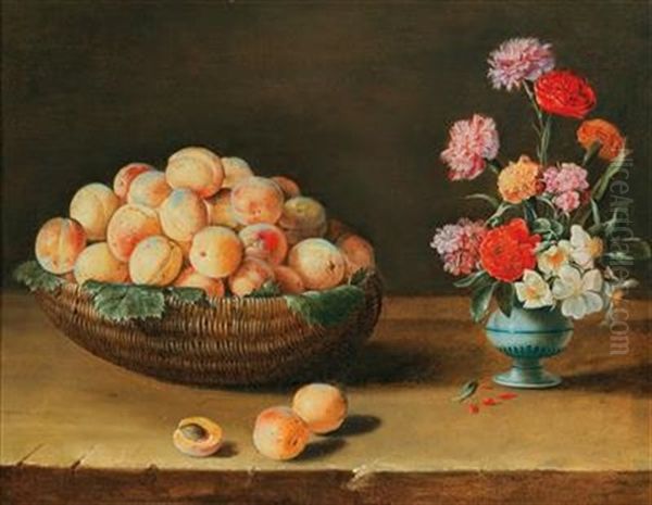 A Still Life Of Peaches In A Basket And A Vase With Flowers On A Ledge - view 1
