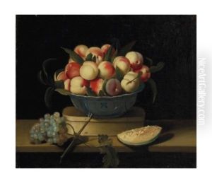 Coupe De Peches, Boite De Copeaux, Grappe De Raisins Et Tranche De Melon by Louise Moillon