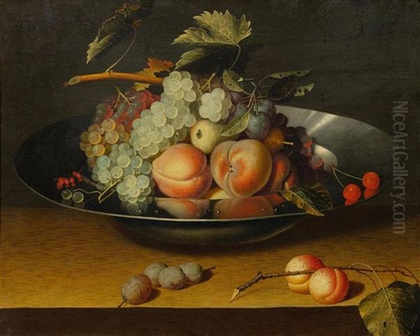 A Still Life With Peaches And Grapes, In A Bowl, On A Table by Louise Moillon