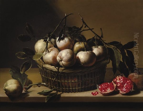 Nature Morte Au Panier De Bigarades Et Grenades Sur Un Entablement - view 1