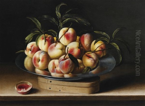 Nature Morte De Peches Sur Un Plat D'etain, Boite De Copeau - view 1