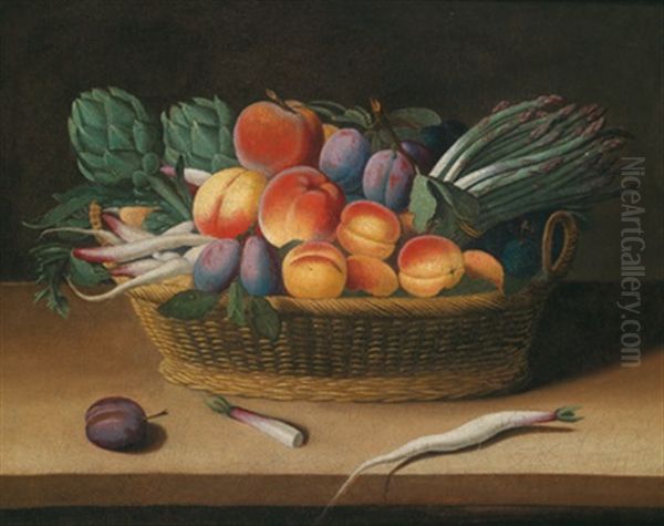 Stillleben Mit Zwetschken, Pfirsichen, Spargel Und Artischocken In Einem Korb - view 1