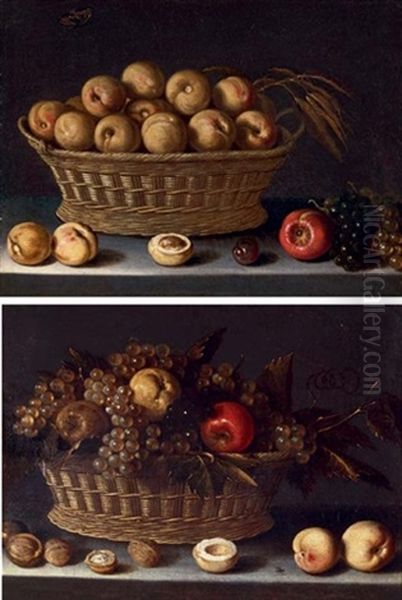 A Basket Of Grapes And Apples With Peaches And Walnuts, On A Ledge (+ A Basket Of Peaches With Grapes, An Apple And A Plum, On A Ledge; 2 Works) by Louise Moillon