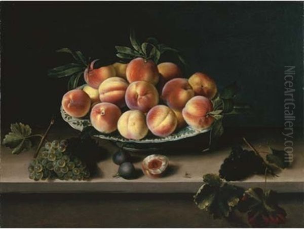 Peaches In A Faience Bowl With Grapes And Figs On A Stone Ledge - view 1