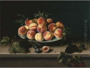 Peaches In A Faience Bowl With Grapes And Figs On A Stone Ledge