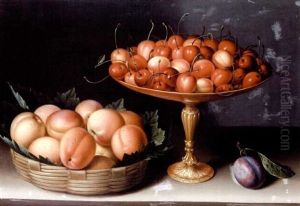 A Basket Of Apricots With A Silver Gilt Tazza Of Cherries And A Plum On A Table Top
