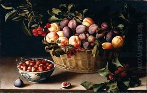 Still Life With A Basket Of Plums, Peaches, Cherries And Redcurrants, Together With Fraises-de-bois In A Porcelain Bowl, Figs And Mulberries On A Wooden Ledge by Louise Moillon