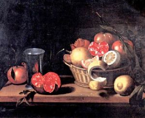 Nature Morte Au Panier D'osier Rempli De Grande, Citron Et Bigarades, Vase En Etain Sur Un Entablement by Louise Moillon