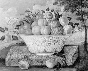 Peaches, Apricots, Grapes And Flowers In A Porcelain Bowl On A Granite Ledge In A Landscape by Louise Moillon