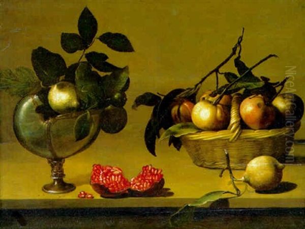 Apples In A Basket, An Open Pomegranate And Lemons In A Mounted Nautilus Shell On A Ledge - view 1