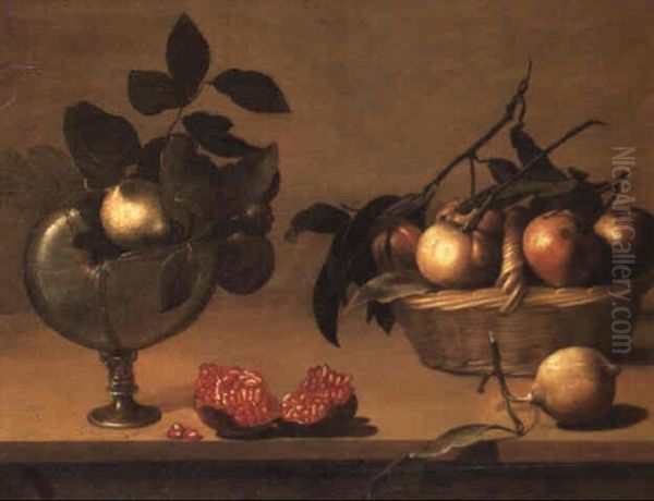 Apples In A Basket, An Open Pomegranate And Lemons In A Nautilus Shell - view 1