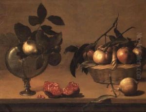 Apples In A Basket, An Open Pomegranate And Lemons In A Nautilus Shell by Louise Moillon